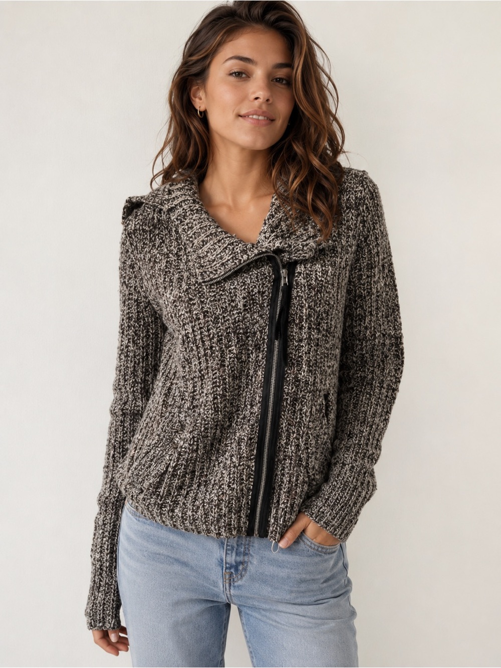 Free People Asymmetrical Moto Zip Knit Sweater Jacket size Medium